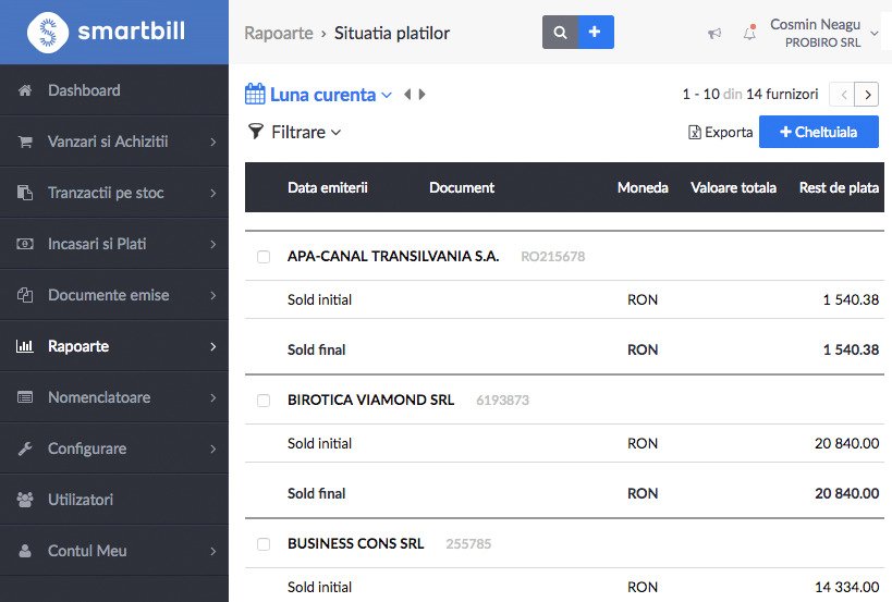 raport plati program gestiune SmartBill